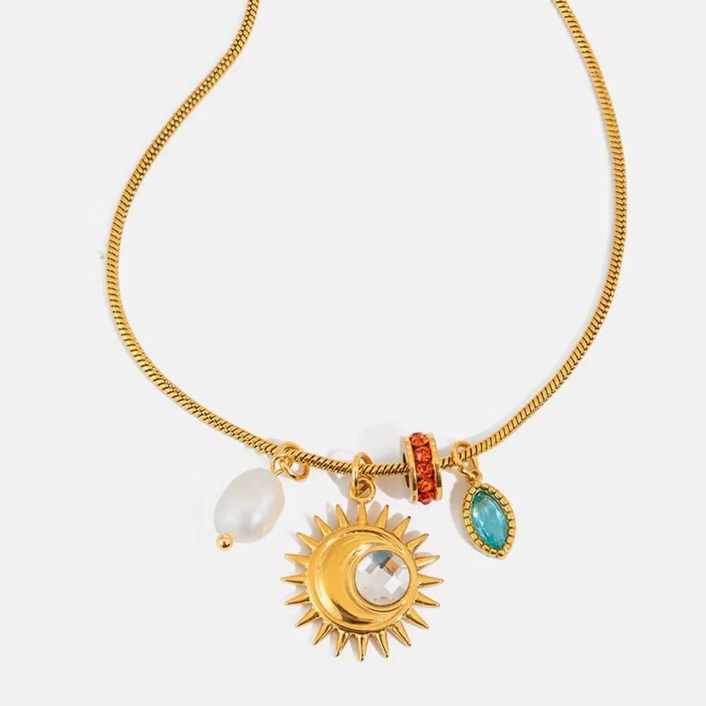 18K Gold Plated Sun Pearl and Gemstone Charms Nekclace - Picture 2 of 8